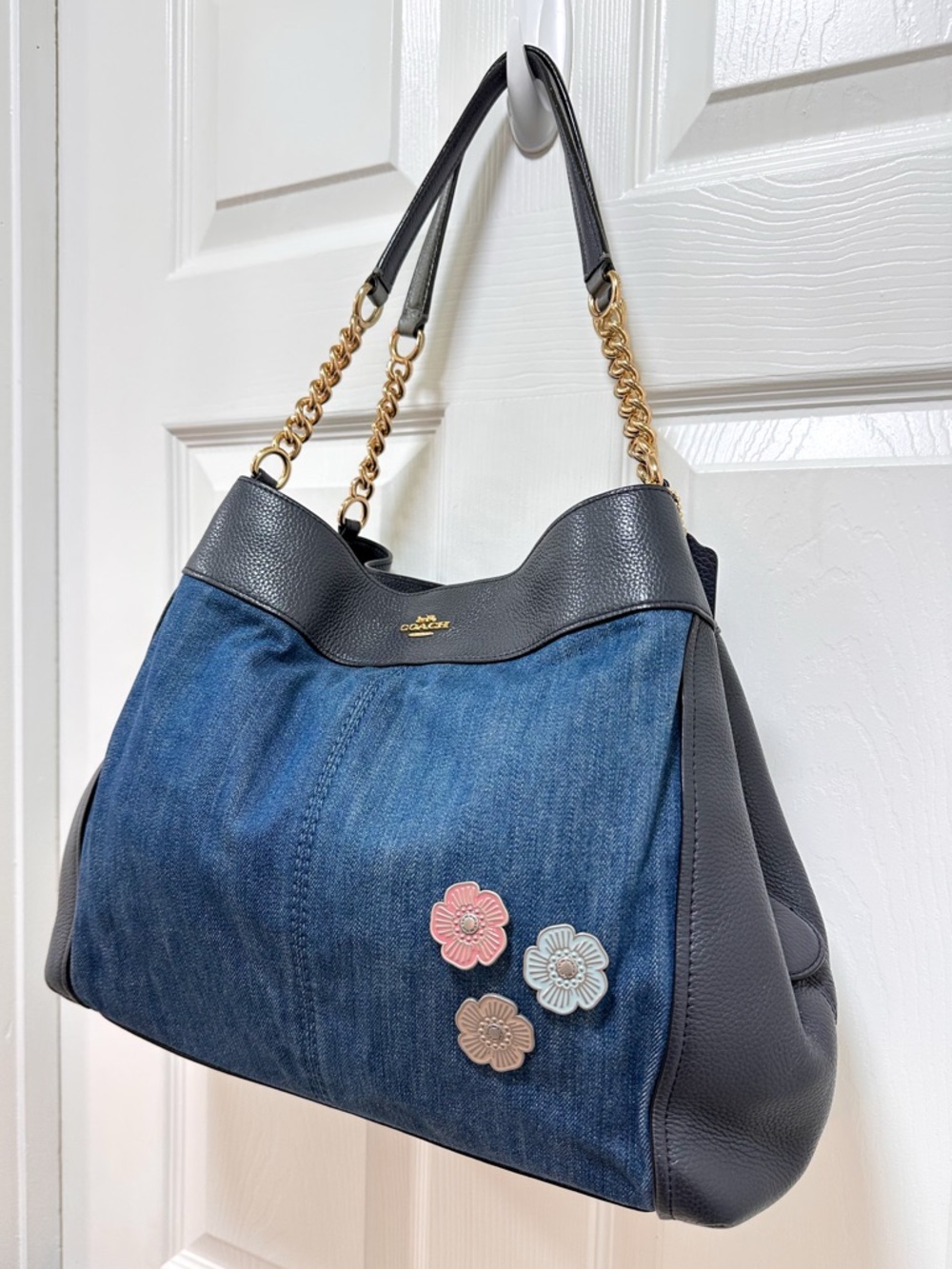 Coach Lexy Shoulder Bag Blue Denim Tea Rose Appliqué Navy Leather F25884 - Picture 3 of 15